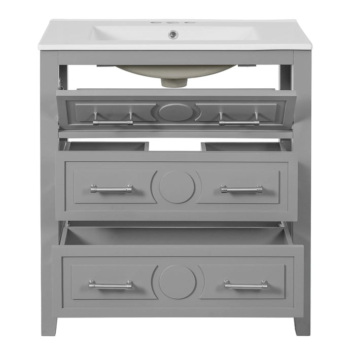 30'' Bathroom Vanity with Ceramic Sink Combo, Free Standing Single Vanity Set with 3 Drawers, Solid Wood Frame Bathroom Storage Cabinet, Gray Default -DTYStore