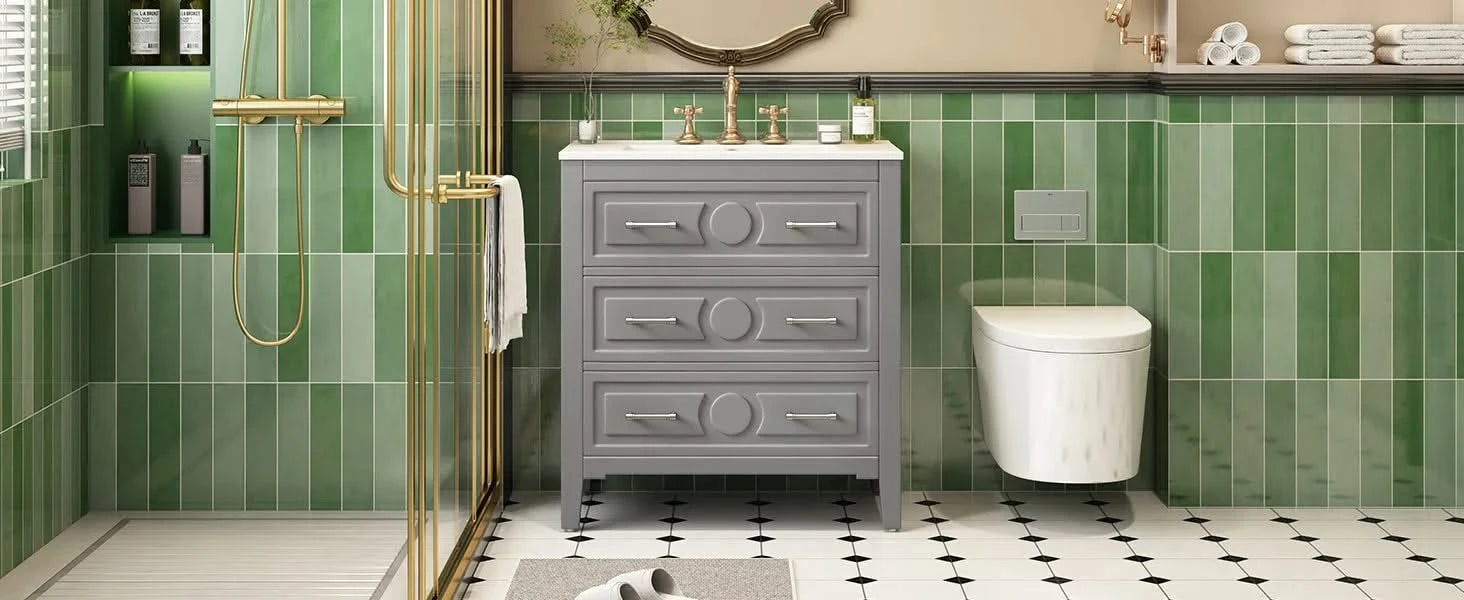 30'' Bathroom Vanity with Ceramic Sink Combo, Free Standing Single Vanity Set with 3 Drawers, Solid Wood Frame Bathroom Storage Cabinet, Gray Default -DTYStore