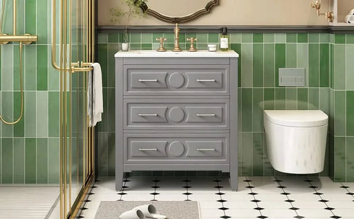 30'' Bathroom Vanity with Ceramic Sink Combo, Free Standing Single Vanity Set with 3 Drawers, Solid Wood Frame Bathroom Storage Cabinet, Gray Default -DTYStore