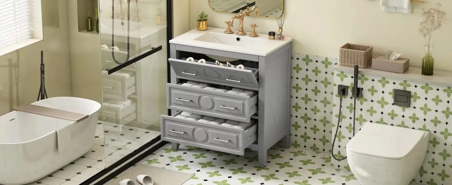 30'' Bathroom Vanity with Ceramic Sink Combo, Free Standing Single Vanity Set with 3 Drawers, Solid Wood Frame Bathroom Storage Cabinet, Gray Default -DTYStore