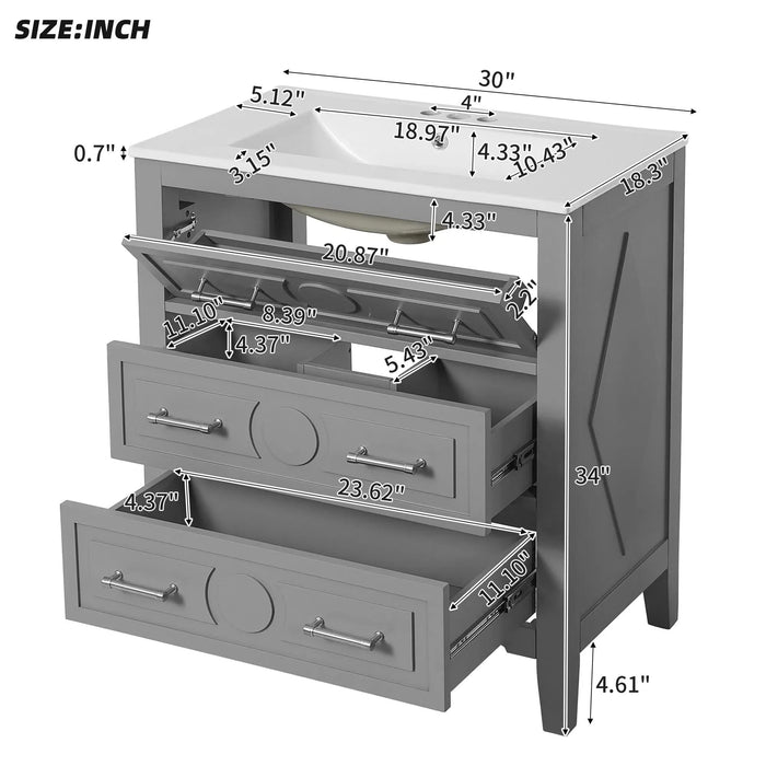 30'' Bathroom Vanity with Ceramic Sink Combo, Free Standing Single Vanity Set with 3 Drawers, Solid Wood Frame Bathroom Storage Cabinet, Gray Default -DTYStore