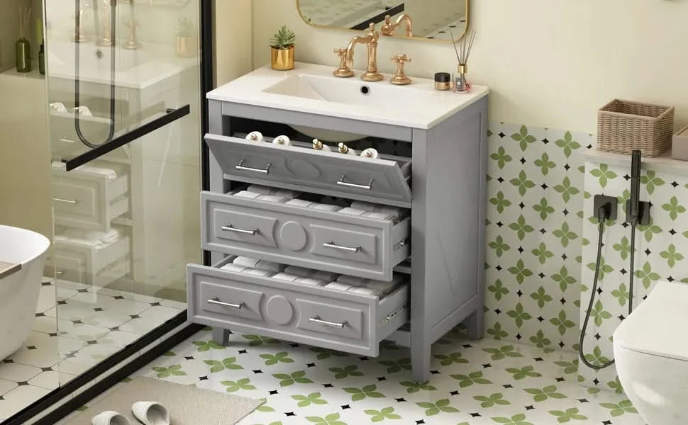 30'' Bathroom Vanity with Ceramic Sink Combo, Free Standing Single Vanity Set with 3 Drawers, Solid Wood Frame Bathroom Storage Cabinet, Gray Default -DTYStore