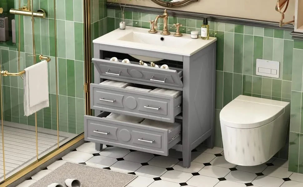 30'' Bathroom Vanity with Ceramic Sink Combo, Free Standing Single Vanity Set with 3 Drawers, Solid Wood Frame Bathroom Storage Cabinet, Gray Default -DTYStore