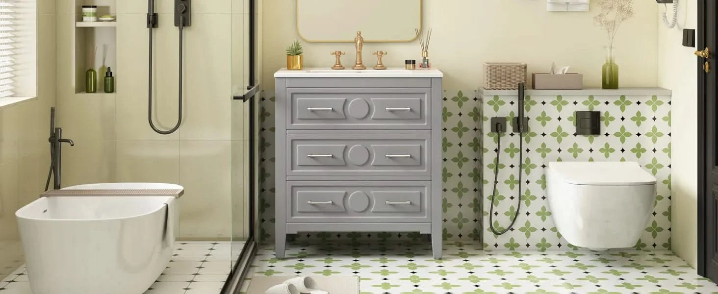 30'' Bathroom Vanity with Ceramic Sink Combo, Free Standing Single Vanity Set with 3 Drawers, Solid Wood Frame Bathroom Storage Cabinet, Gray Default -DTYStore