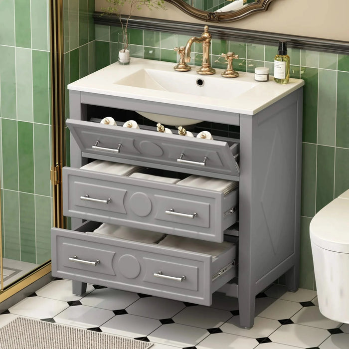 30'' Bathroom Vanity with Ceramic Sink Combo, Free Standing Single Vanity Set with 3 Drawers, Solid Wood Frame Bathroom Storage Cabinet, Gray Default -DTYStore