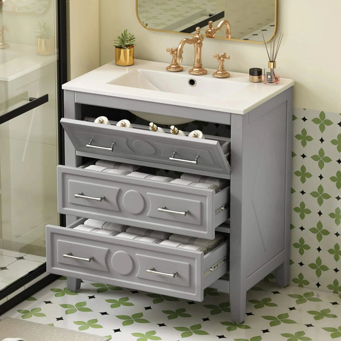 30'' Bathroom Vanity with Ceramic Sink Combo, Free Standing Single Vanity Set with 3 Drawers, Solid Wood Frame Bathroom Storage Cabinet, Gray Default -DTYStore