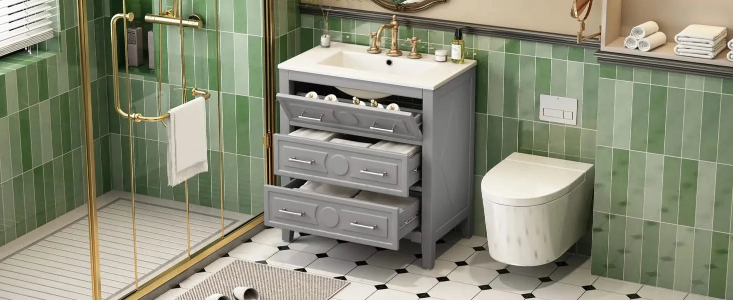 30'' Bathroom Vanity with Ceramic Sink Combo, Free Standing Single Vanity Set with 3 Drawers, Solid Wood Frame Bathroom Storage Cabinet, Gray Default -DTYStore