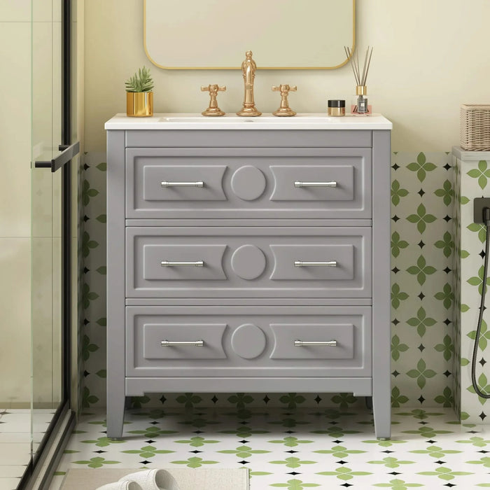 30'' Bathroom Vanity with Ceramic Sink Combo, Free Standing Single Vanity Set with 3 Drawers, Solid Wood Frame Bathroom Storage Cabinet, Gray Default -DTYStore
