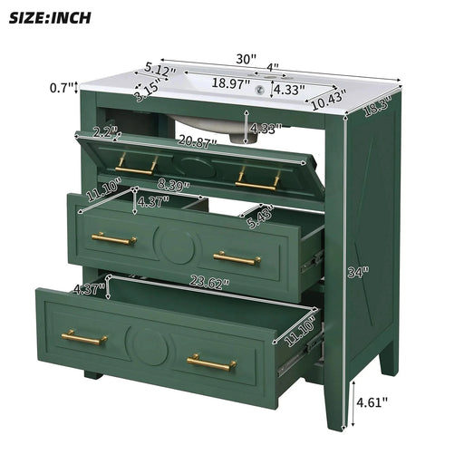 30'' Bathroom Vanity with Ceramic Sink Combo, Free Standing Single Vanity Set with 3 Drawers, Solid Wood Frame Bathroom Storage Cabinet, Green Default -DTYStore