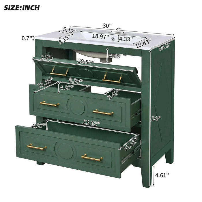 30'' Bathroom Vanity with Ceramic Sink Combo, Free Standing Single Vanity Set with 3 Drawers, Solid Wood Frame Bathroom Storage Cabinet, Green Default -DTYStore