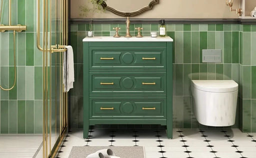 30'' Bathroom Vanity with Ceramic Sink Combo, Free Standing Single Vanity Set with 3 Drawers, Solid Wood Frame Bathroom Storage Cabinet, Green Default -DTYStore