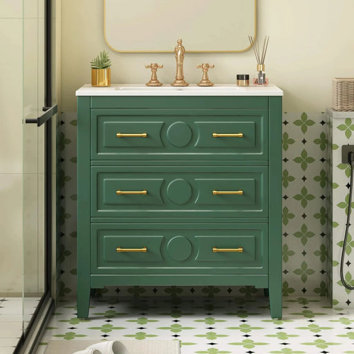30'' Bathroom Vanity with Ceramic Sink Combo, Free Standing Single Vanity Set with 3 Drawers, Solid Wood Frame Bathroom Storage Cabinet, Green Default -DTYStore