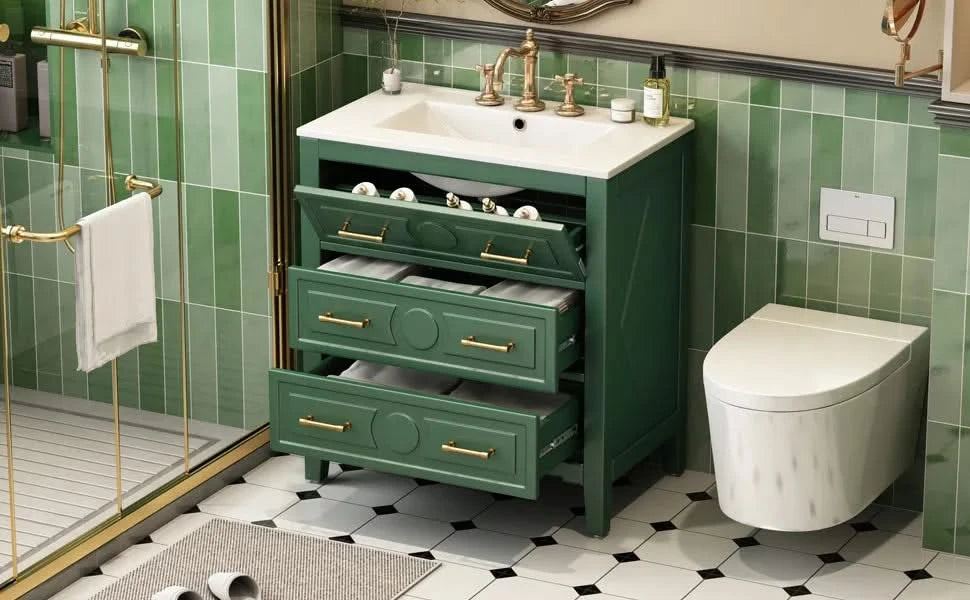 30'' Bathroom Vanity with Ceramic Sink Combo, Free Standing Single Vanity Set with 3 Drawers, Solid Wood Frame Bathroom Storage Cabinet, Green Default -DTYStore