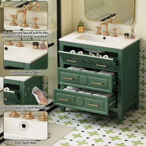 30'' Bathroom Vanity with Ceramic Sink Combo, Free Standing Single Vanity Set with 3 Drawers, Solid Wood Frame Bathroom Storage Cabinet, Green Default -DTYStore