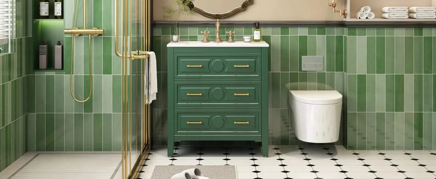 30'' Bathroom Vanity with Ceramic Sink Combo, Free Standing Single Vanity Set with 3 Drawers, Solid Wood Frame Bathroom Storage Cabinet, Green Default -DTYStore