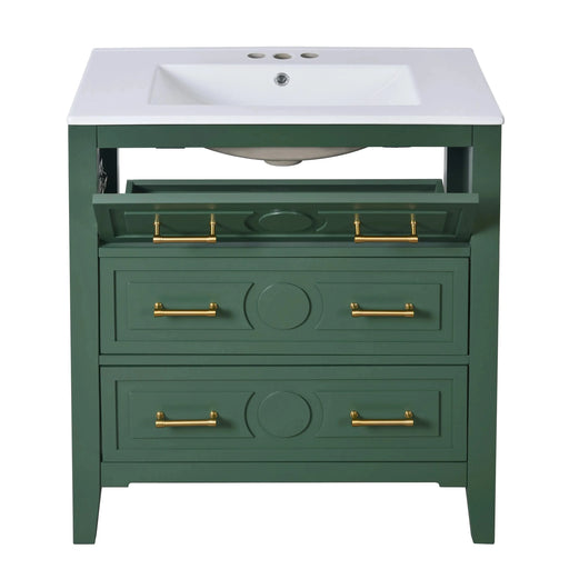 30'' Bathroom Vanity with Ceramic Sink Combo, Free Standing Single Vanity Set with 3 Drawers, Solid Wood Frame Bathroom Storage Cabinet, Green Default -DTYStore