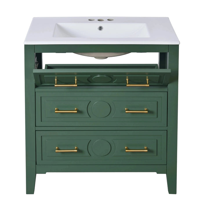 30'' Bathroom Vanity with Ceramic Sink Combo, Free Standing Single Vanity Set with 3 Drawers, Solid Wood Frame Bathroom Storage Cabinet, Green Default -DTYStore