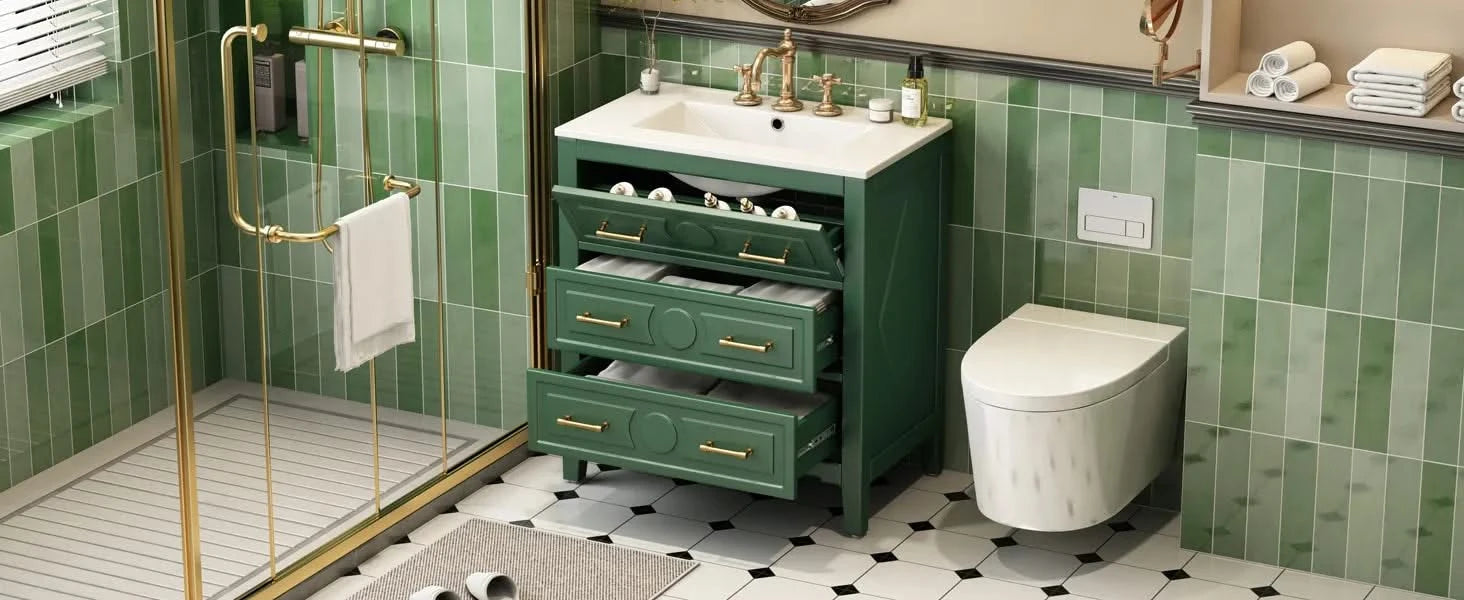 30'' Bathroom Vanity with Ceramic Sink Combo, Free Standing Single Vanity Set with 3 Drawers, Solid Wood Frame Bathroom Storage Cabinet, Green Default -DTYStore