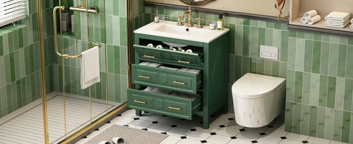 30'' Bathroom Vanity with Ceramic Sink Combo, Free Standing Single Vanity Set with 3 Drawers, Solid Wood Frame Bathroom Storage Cabinet, Green Default -DTYStore