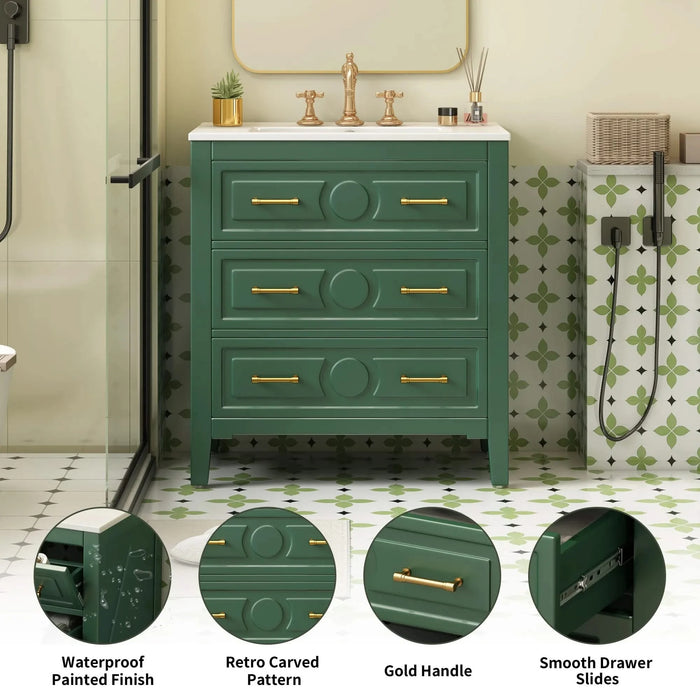 30'' Bathroom Vanity with Ceramic Sink Combo, Free Standing Single Vanity Set with 3 Drawers, Solid Wood Frame Bathroom Storage Cabinet, Green Default -DTYStore