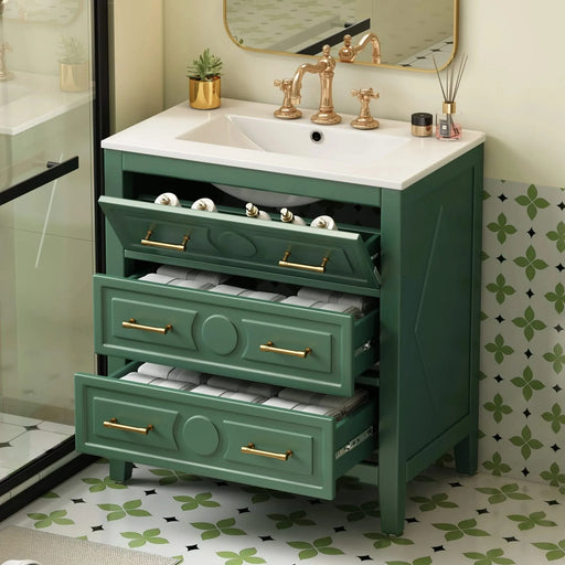 30'' Bathroom Vanity with Ceramic Sink Combo, Free Standing Single Vanity Set with 3 Drawers, Solid Wood Frame Bathroom Storage Cabinet, Green Default -DTYStore