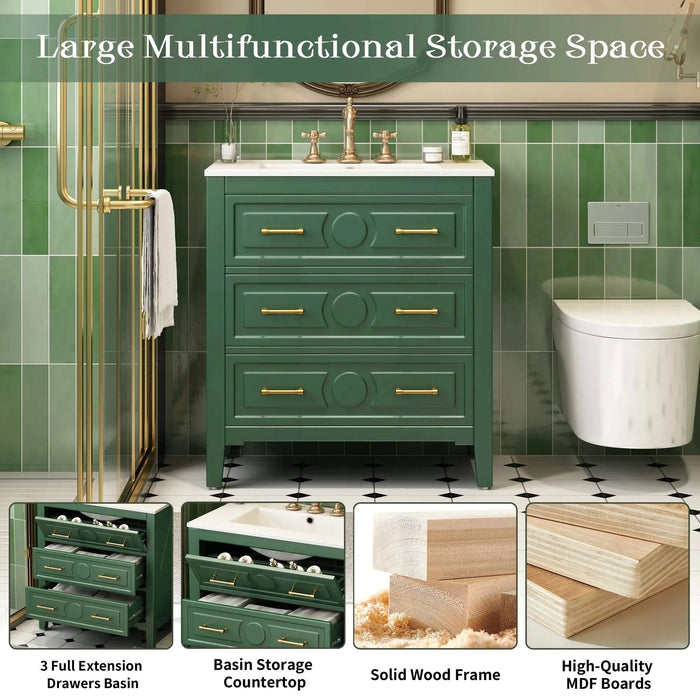 30'' Bathroom Vanity with Ceramic Sink Combo, Free Standing Single Vanity Set with 3 Drawers, Solid Wood Frame Bathroom Storage Cabinet, Green Default -DTYStore