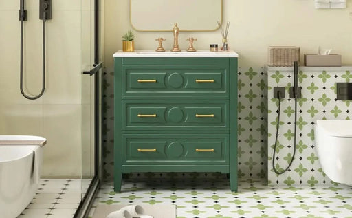 30'' Bathroom Vanity with Ceramic Sink Combo, Free Standing Single Vanity Set with 3 Drawers, Solid Wood Frame Bathroom Storage Cabinet, Green Default -DTYStore