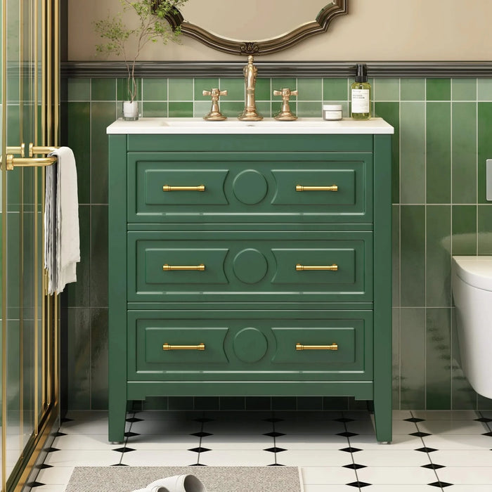 30'' Bathroom Vanity with Ceramic Sink Combo, Free Standing Single Vanity Set with 3 Drawers, Solid Wood Frame Bathroom Storage Cabinet, Green Default -DTYStore