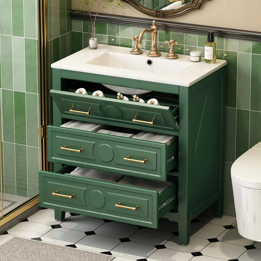 30'' Bathroom Vanity with Ceramic Sink Combo, Free Standing Single Vanity Set with 3 Drawers, Solid Wood Frame Bathroom Storage Cabinet, Green Default -DTYStore