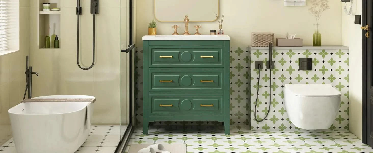30'' Bathroom Vanity with Ceramic Sink Combo, Free Standing Single Vanity Set with 3 Drawers, Solid Wood Frame Bathroom Storage Cabinet, Green Default -DTYStore