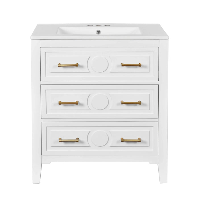 30'' Bathroom Vanity with Ceramic Sink Combo, Free Standing Single Vanity Set with 3 Drawers, Solid Wood Frame Bathroom Storage Cabinet, White Default -DTYStore