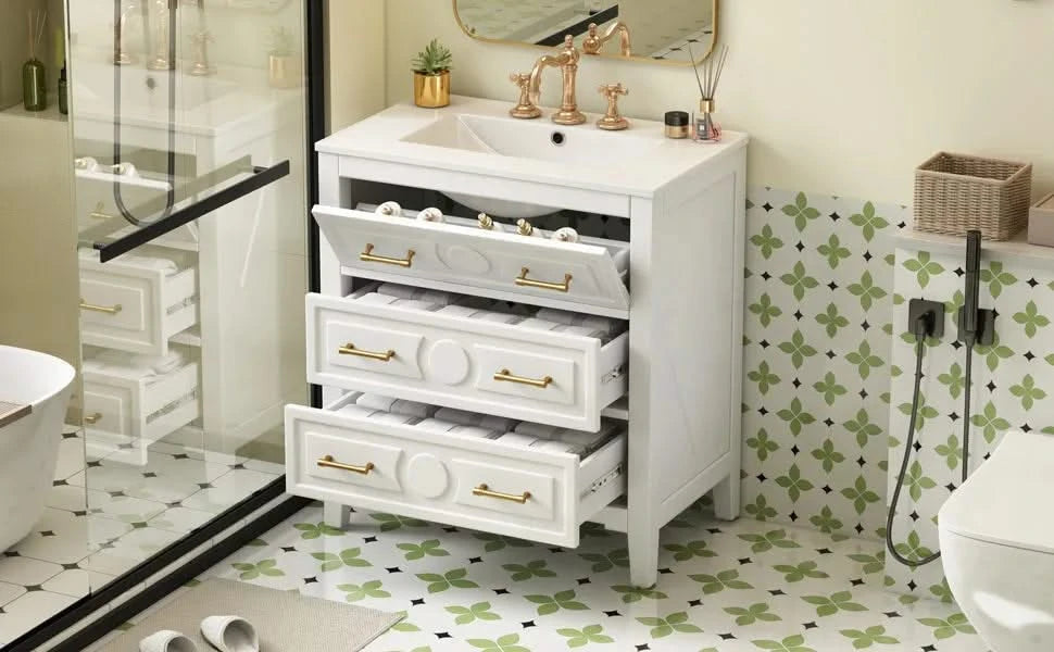 30'' Bathroom Vanity with Ceramic Sink Combo, Free Standing Single Vanity Set with 3 Drawers, Solid Wood Frame Bathroom Storage Cabinet, White Default -DTYStore