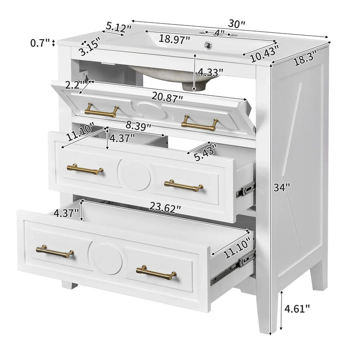 30'' Bathroom Vanity with Ceramic Sink Combo, Free Standing Single Vanity Set with 3 Drawers, Solid Wood Frame Bathroom Storage Cabinet, White Default -DTYStore
