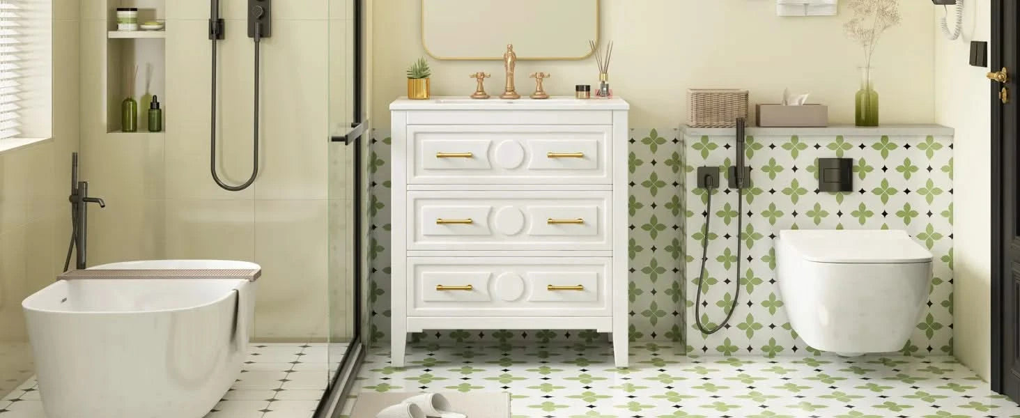 30'' Bathroom Vanity with Ceramic Sink Combo, Free Standing Single Vanity Set with 3 Drawers, Solid Wood Frame Bathroom Storage Cabinet, White Default -DTYStore