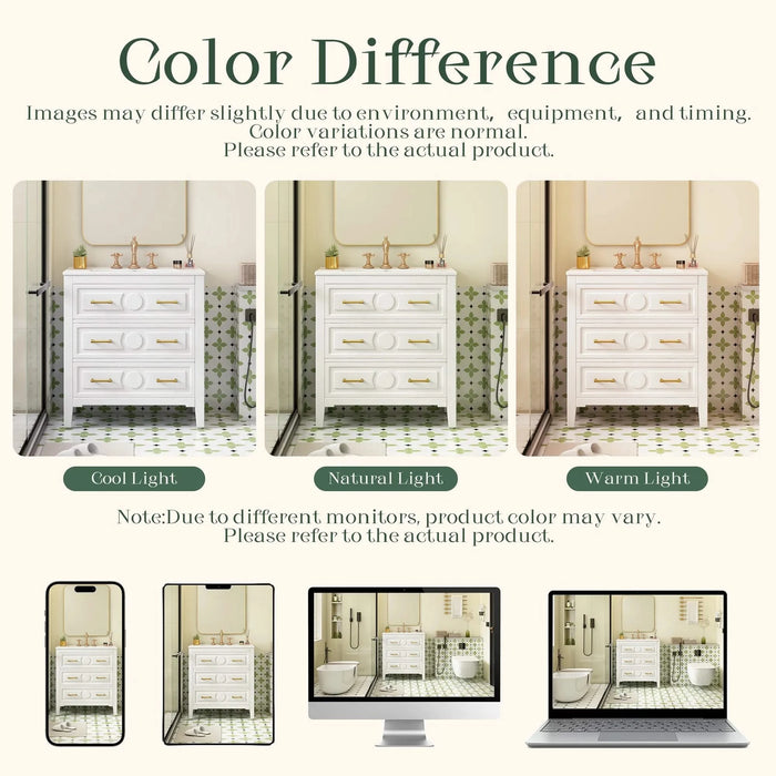 30'' Bathroom Vanity with Ceramic Sink Combo, Free Standing Single Vanity Set with 3 Drawers, Solid Wood Frame Bathroom Storage Cabinet, White Default -DTYStore