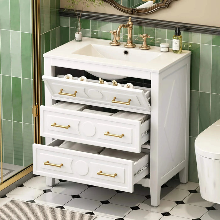 30'' Bathroom Vanity with Ceramic Sink Combo, Free Standing Single Vanity Set with 3 Drawers, Solid Wood Frame Bathroom Storage Cabinet, White Default -DTYStore