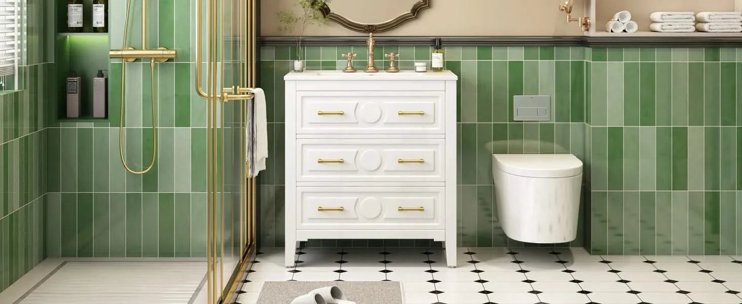 30'' Bathroom Vanity with Ceramic Sink Combo, Free Standing Single Vanity Set with 3 Drawers, Solid Wood Frame Bathroom Storage Cabinet, White Default -DTYStore