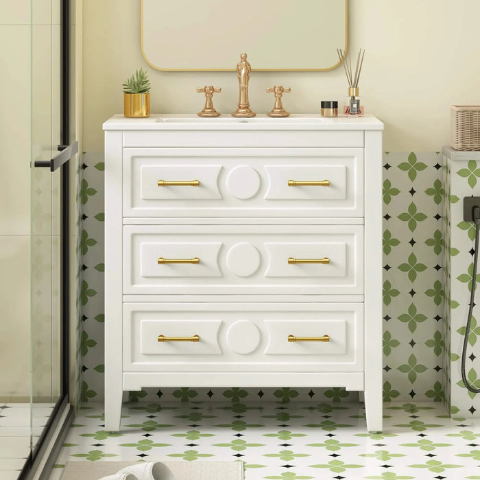 30'' Bathroom Vanity with Ceramic Sink Combo, Free Standing Single Vanity Set with 3 Drawers, Solid Wood Frame Bathroom Storage Cabinet, White Default -DTYStore