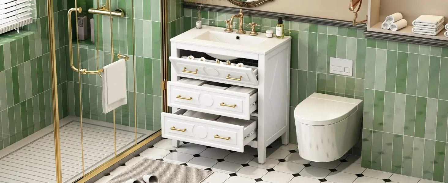 30'' Bathroom Vanity with Ceramic Sink Combo, Free Standing Single Vanity Set with 3 Drawers, Solid Wood Frame Bathroom Storage Cabinet, White Default -DTYStore