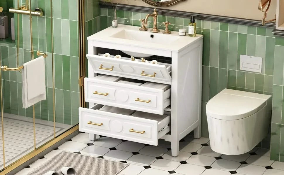 30'' Bathroom Vanity with Ceramic Sink Combo, Free Standing Single Vanity Set with 3 Drawers, Solid Wood Frame Bathroom Storage Cabinet, White Default -DTYStore