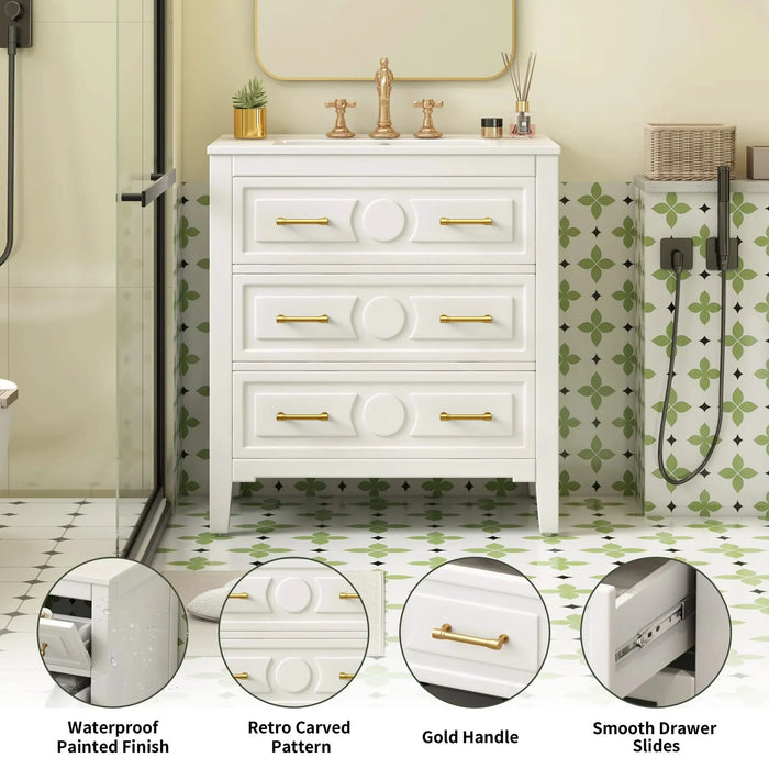 30'' Bathroom Vanity with Ceramic Sink Combo, Free Standing Single Vanity Set with 3 Drawers, Solid Wood Frame Bathroom Storage Cabinet, White Default -DTYStore