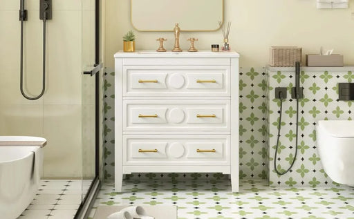 30'' Bathroom Vanity with Ceramic Sink Combo, Free Standing Single Vanity Set with 3 Drawers, Solid Wood Frame Bathroom Storage Cabinet, White Default -DTYStore