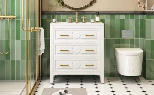 30'' Bathroom Vanity with Ceramic Sink Combo, Free Standing Single Vanity Set with 3 Drawers, Solid Wood Frame Bathroom Storage Cabinet, White Default -DTYStore