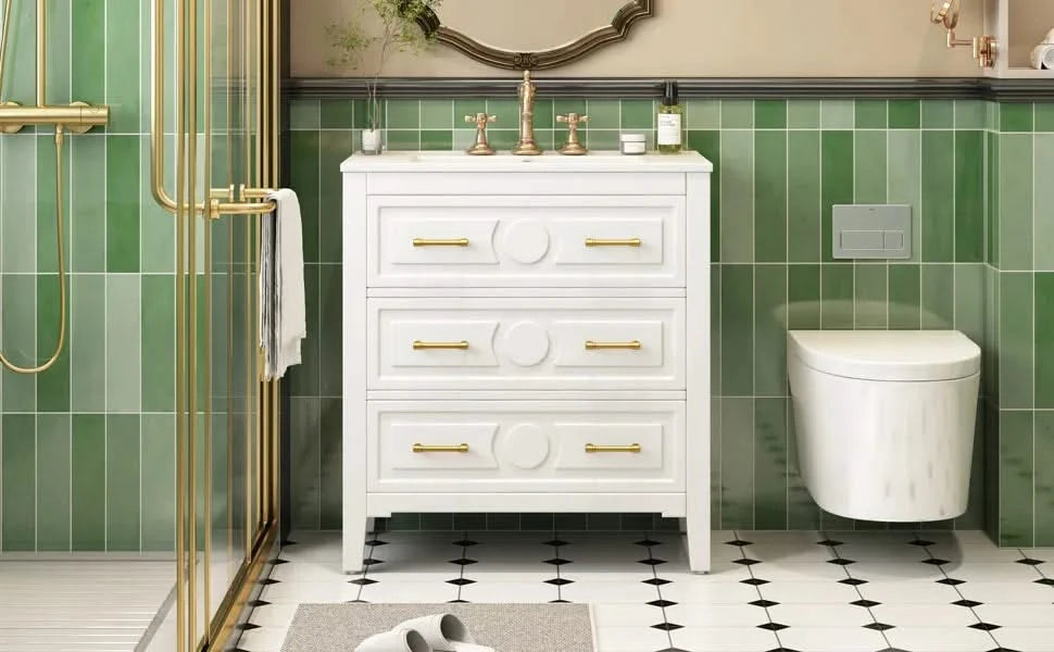 30'' Bathroom Vanity with Ceramic Sink Combo, Free Standing Single Vanity Set with 3 Drawers, Solid Wood Frame Bathroom Storage Cabinet, White Default -DTYStore