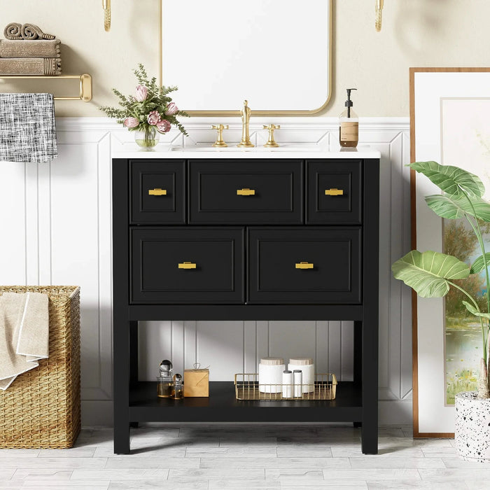 30'' Bathroom Vanity with Ceramic Sink Combo, Free Standing Single Vanity Set with 5 Drawers, Solid Wood Frame Bathroom Storage Cabinet Default -DTYStore