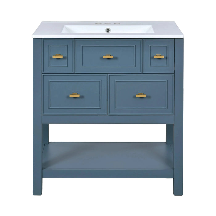 30'' Bathroom Vanity with Ceramic Sink Combo, Free Standing Single Vanity Set with 5 Drawers, Solid Wood Frame Bathroom Storage Cabinet Default -DTYStore