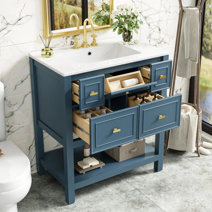30'' Bathroom Vanity with Ceramic Sink Combo, Free Standing Single Vanity Set with 5 Drawers, Solid Wood Frame Bathroom Storage Cabinet Default -DTYStore