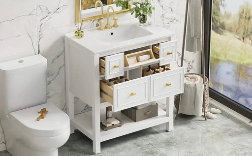 30'' Bathroom Vanity with Ceramic Sink Combo, Free Standing Single Vanity Set with 5 Drawers, Solid Wood Frame Bathroom Storage Cabinet, White Default -DTYStore