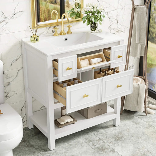 30'' Bathroom Vanity with Ceramic Sink Combo, Free Standing Single Vanity Set with 5 Drawers, Solid Wood Frame Bathroom Storage Cabinet, White Default -DTYStore