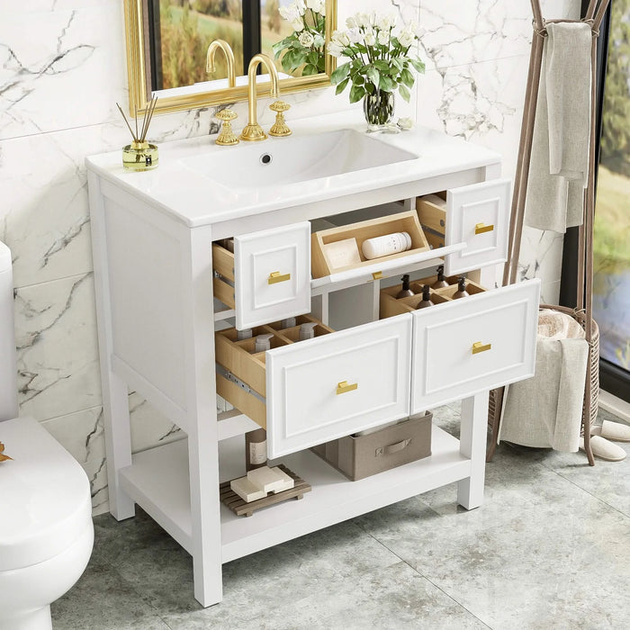 30'' Bathroom Vanity with Ceramic Sink Combo, Free Standing Single Vanity Set with 5 Drawers, Solid Wood Frame Bathroom Storage Cabinet, White Default -DTYStore